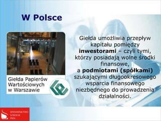 W Polsce

                    Giełda umożliwia przepływ
                        kapitału pomiędzy
                    inwestorami – czyli tymi,
                  którzy posiadają wolne środki
                            finansowe,
                   a podmiotami (spółkami)
Giełda Papierów   szukającymi długookresowego
Wartościowych          wsparcia finansowego
w Warszawie        niezbędnego do prowadzenia
                           działalności.
 