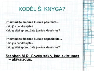 KODĖL ŠI KNYGA?

Prisiminkite žmones kuriais pasitikite...
Kaip jūs bendraujate?
Kaip greitai sprendžiate įvairius klausimus?

Prisiminkite žmones kuriais nepasitikite...
Kaip jūs bendraujate?
Kaip greitai sprendžiate įvairius klausimus?


Stephen M.R. Covey sako, kad skirtumas
 – akivaizdus.
 