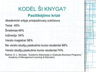 KODĖL ŠI KNYGA?
                      Pasitikėjimo krizė
Akademinė srityje prisipažinusių sukčiavus
Teisė 45%
Švietimas 48%
Inžinerija 54%
Verslo magistrai 56%
Ne verslo studijų paskutinio kurso studentai 68%
Verslo studijų paskutinio kurso studentai 74%
Šaltinis: D. L. McCabe, “Academic Dishonesty in Graduate Business Programs.”
   Academy of Management Learning & Education.
    Kaip Jūs jaustumėtės sužinoję, kad
    chirurgas, kuris jus tuojau operuos,
      medicinos mokykloje sukčiavo?
 