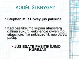 KODĖL ŠI KNYGA?


    Stephen M.R Covey jus patikina,


    Kad pasitikėjimo kupina atmosferą
    galima sukurti kiekvienoje gyvenimo
    situacijoje. Tai priklauso tik nuo JŪSŲ
    pačių.

      
          JŪS ESATE PASITIKĖJIMO
                 KŪRĖJAI!
 