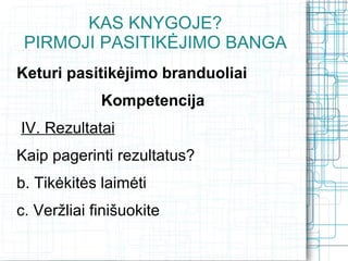 KAS KNYGOJE?
 PIRMOJI PASITIKĖJIMO BANGA
Keturi pasitikėjimo branduoliai
             Kompetencija
IV. Rezultatai
Kaip pagerinti rezultatus?
b. Tikėkitės laimėti
c. Veržliai finišuokite
 