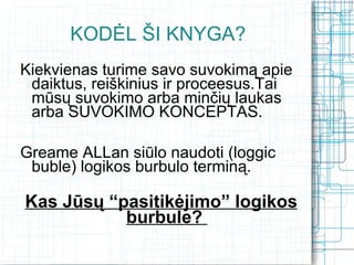 KODĖL ŠI KNYGA?
Kiekvienas turime savo suvokimą apie
 daiktus, reiškinius ir proceesus.Tai
 mūsų suvokimo arba minčių laukas
 arba SUVOKIMO KONCEPTAS.

Greame ALLan siūlo naudoti (loggic
 buble) logikos burbulo terminą.

Kas Jūsų “pasitikėjimo” logikos
           burbule?
 