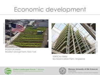 http://inhabitat.com/

http://www.brooklyngrangefarm.com/

Economic development

ROOFTOP FARM
Brooklyn Grange Farm, New York
VERTICAL FARM
Sky Greens Urban Farm, Singapore

Warsaw University of Life Sciences
Dr Renata Giedych

Urban agriculture: structure, functions, future challenges

 