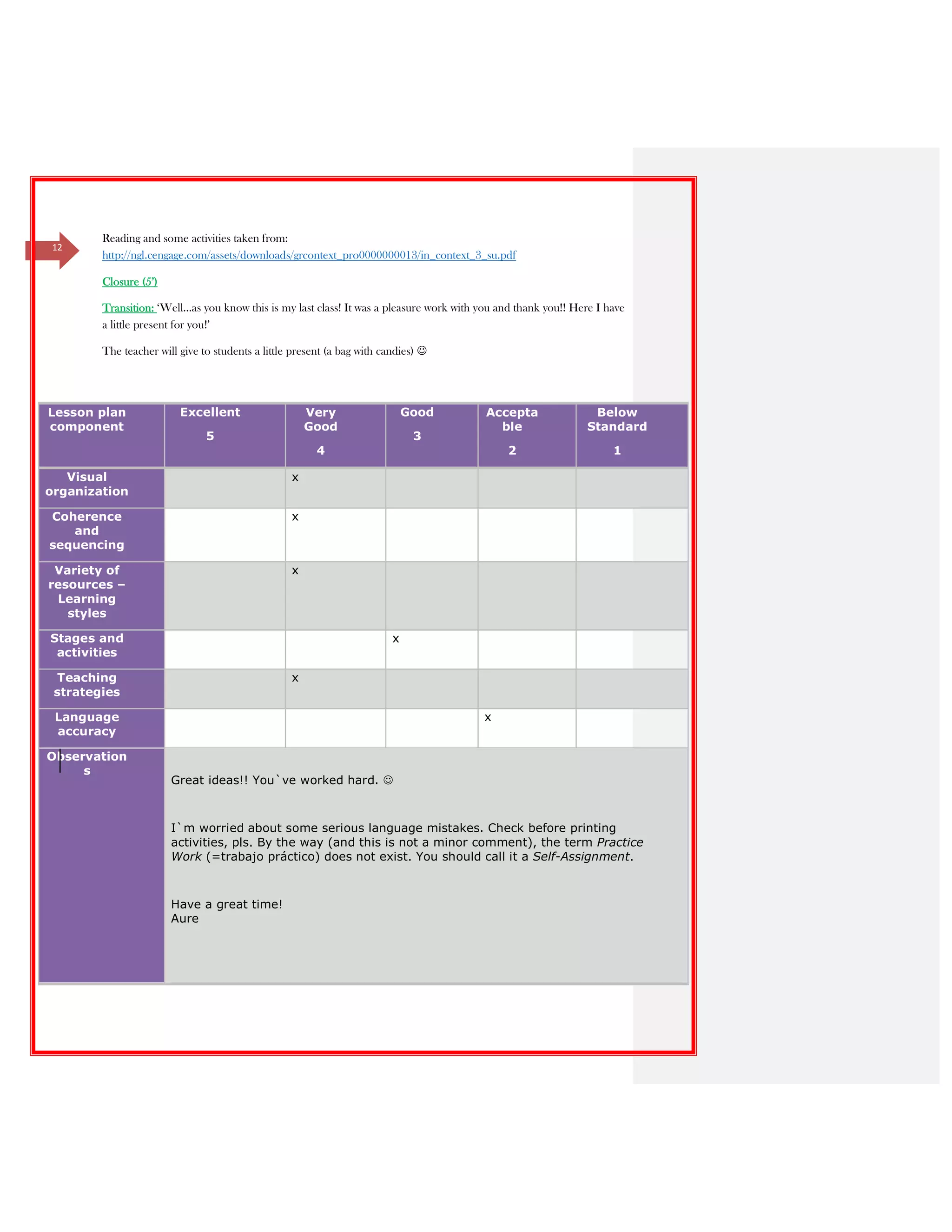 12
Reading and some activities taken from:
http://ngl.cengage.com/assets/downloads/grcontext_pro0000000013/in_context_3_su.pdf
Closure (5’)
Transition: ‘Well…as you know this is my last class! It was a pleasure work with you and thank you!! Here I have
a little present for you!’
The teacher will give to students a little present (a bag with candies) ☺
Lesson plan
component
Excellent
5
Very
Good
4
Good
3
Accepta
ble
2
Below
Standard
1
Visual
organization
x
Coherence
and
sequencing
x
Variety of
resources –
Learning
styles
x
Stages and
activities
x
Teaching
strategies
x
Language
accuracy
x
Observation
s
Great ideas!! You`ve worked hard. ☺
I`m worried about some serious language mistakes. Check before printing
activities, pls. By the way (and this is not a minor comment), the term Practice
Work (=trabajo práctico) does not exist. You should call it a Self-Assignment.
Have a great time!
Aure
 