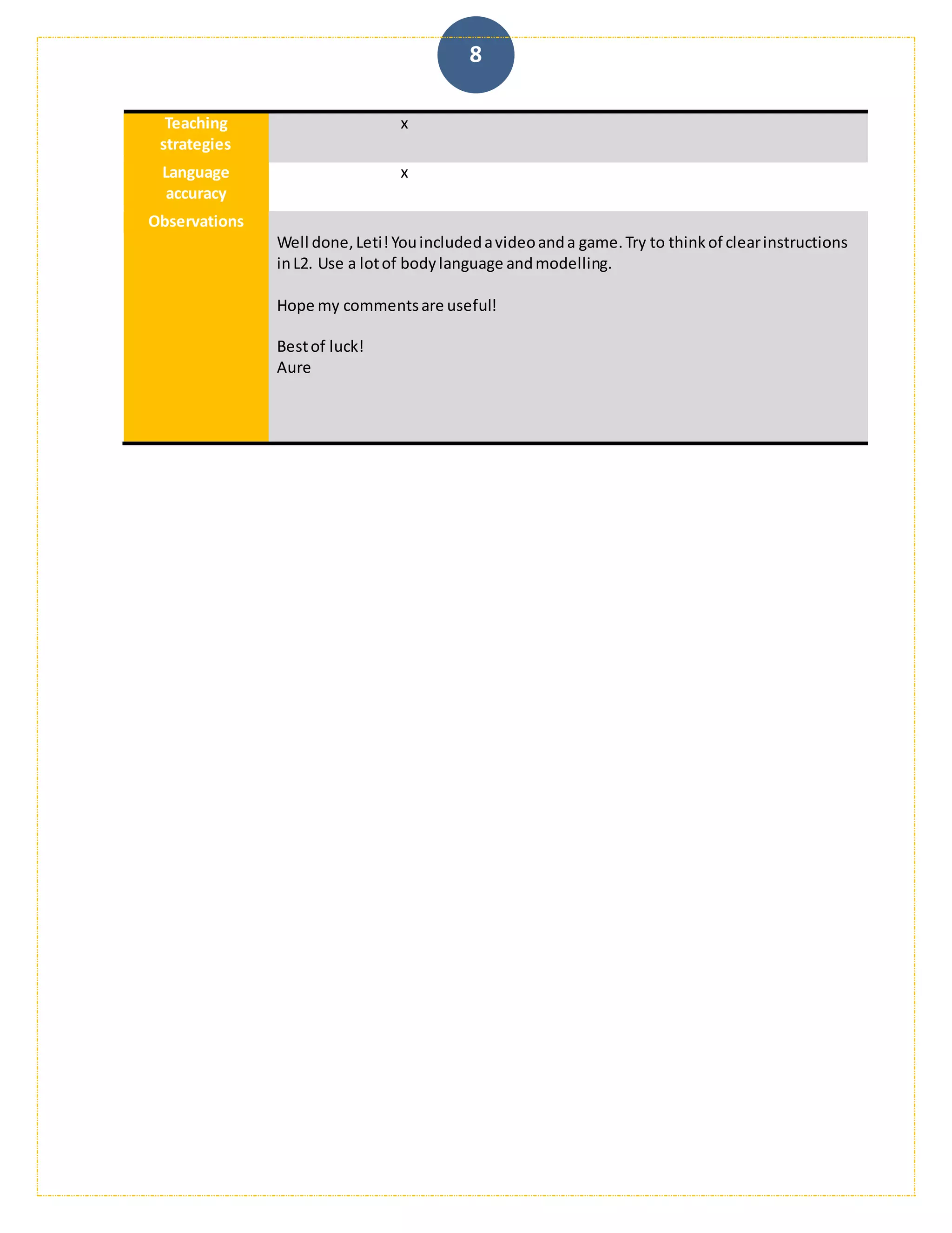 8
Teaching
strategies
x
Language
accuracy
x
Observations
Well done,Leti!Youincludedavideoanda game.Try to thinkof clearinstructions
inL2. Use a lotof bodylanguage andmodelling.
Hope my commentsare useful!
Bestof luck!
Aure
 