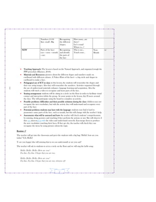 2
Numbers (1-10)
Size: small - Big
Recognizing
the different
shapes.
How many…are
there?
Let’s count!
Where is…?
NEW Parts of the face:
eyes – nose – mouth
- ears
Recognizing
and identify
the parts of
the face
This is my…
Touch your…
Nose /ʊ/
Mouth
• Teaching Approach: The lesson is based on the Natural Approach, and organized trough the
PPP procedure (Harmer, 2010).
• Materials and Resources: pictures about the different shapes and numbers made on
cardboard with different colours. A Video (Parts of the face) – a big circle and shapes in
cardboard to make a face.
• Pedagogical use of ICT in class: in this lesson, the students will remember the shapes and
their size using images. Also they will remember the numbers. Activities organised through
the use of audio-visual materials enhances language learning and acquisition. Also the
students will watch a video to recognize and learn parts of the face.
• Seating arrangement: students will be sitting in a circle on the floor in order to facilitate visual
contact and interaction within the group. At some points in the lesson, they’ll move around
the class. The will participate using the board to complete an activity.
• Possible problems /difficulties and their possible solutions during the class: children may not
recognize the new vocabulary, but with the activity they will understand and recognize every
part of the face.
• Potential problems students may have with the language: students may find it hard to
pronounce some parts of the face, such as mouth, but this will change with the teacher’s help.
• Assessment: what will be assessed and how: the teacher will check students’ comprehension
by miming, doing gestures and watching if they perform the actions or not. She will observe if
they are interested in with the video and understand correctly. Encourage them to produce
the new vocabulary touching their faces. If they get shy, the teacher will check they can
recognize the items by using pictures about the topic.
Routine: 5’
The teacher will get into the classroom and greet the students with a big bag: ‘Hello!, how are you
today?’ EA: Hello!
T: are you happy (she will miming that to sts can understand) or are you sad?
The teacher will ask to students to sit in a circle on the floor and we will sing the hello song:
Hello. Hello. Hello. How are you?
I'm fine. I'm fine. I hope that you are too.
Hello. Hello. Hello. How are you?
I'm fine. I'm fine. I hope that you are too. (chorus x2)
 