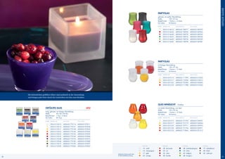GefüLLTe	GLäser
                                                                                                                                                  PARTygLAS
                                                                                                                                                  gefrostet,	mit	weißer	Wachsfüllung
                                                                                                                                                  maße	            128	x	97	mm
                                                                                                                                                  bestell-einheit	 1	karton	=	12	stück
                                                                                                                                                  Pal.-faktor	     36	kartons

                                                                                                                                                  fArbe	 ArTIkeL-Nr.	        eAN	kArTON	               eAN	sTüCk

                                                                                                                                                      l	   205-612144-10	    4002653	768777	 4002653	069270
                                                                                                                                                      l	   205-612144-33	    4002653	768760	 4002653	069263
                                                                                                                                                      l	   205-612144-40	    4002653	768739	 4002653	069232
                                                                                                                                                      l	   205-612144-53	    4002653	768753	 4002653	069256
                                                                                                                                                      l	   205-612144-60	    4002653	768746	 4002653	069249
                                                                                                                                                      l	   205-612144-82	    4002653	768784	 4002653	069287




                                                                                                                                                  PARTygLAS
                                                                                                                                                  mit	farbiger	Wachsfüllung
                                                                                                                                                  maße	            128	x	97	mm
                                                                                                                                                  bestell-einheit	 1	karton	=	12	stück
                                                                                                                                                  Pal.-faktor	     36	kartons

                                                                                                                                                  fArbe	 ArTIkeL-Nr.	        eAN	kArTON	               eAN	sTüCk

                                                                                                                                                      l	   205-612015-10	    4002653	711995	 4002653	012252
                                                                                                                                                      l	   205-612015-17	    4002653	716785	 4002653	018315
                                                                                                                                                      l	   205-612015-25	    4002653	732396	 4002653	034285
                                                                                                                                                      l	   205-612015-33	    4002653	711988	 4002653	012245




     Die farbenfrohen gefüllten Gläser sind praktisch in der Anwendung
     und bringen jede Feier durch die Lichtreflexe im Glas zum Strahlen.


                                                                                                                                                  gLAS-WINDLICHT ·	Outdoor
                         gEFüLLTES gLAS                                             NEU                                                           mit	weißer	Wachsfüllung,	„Low	boy“
                                                                                                                                                  maße	            105	x	95	mm
                         eckig,	gefrostet,	mit	farbiger	Wachsfüllung	                                                                             bestell-einheit	 1	karton	=	12	stück
                         maße	             80	x	80	x	80	mm                                                                                        Pal.-faktor	     56	kartons
                         bestell-einheit	 1	Tray	=	8	stück
                         Pal.-faktor	      80	Trays                                                                                               fArbe	 ArTIkeL-Nr.	        eAN	kArTON	               eAN	sTüCk

                         fArbe	 ArTIkeL-Nr.	        eAN	TrAY	           eAN	sTüCk                                                                     l	   205-612012-10	    4002653	731702	 4002653	034957
                                                                                                                                                      l	   205-612012-17	    4002653	731719	 4002653	034964
                           l	   205-612150-10	      4002653	770114	 4002653	070511
                                                                                                                                                      l	   205-612012-25	    4002653	737711	 4002653	039976
                           l	   205-612150-14	      4002653	770121	 4002653	070528
                                                                                                                                                      l	   205-612012-28	    4002653	731726	 4002653	034971
                           l	   205-612150-17	      4002653	770138	 4002653	070535
                                                                                                                                                      l	   205-612012-33	    4002653	719663	 4002653	021513
                           l	   205-612150-25	      4002653	770145	 4002653	070542
                           l	   205-612150-33	      4002653	770152	 4002653	070559
                           l	   205-612150-35	      4002653	770169	 4002653	070566
                           l	   205-612150-48	      4002653	770176	 4002653	070573
                           l	   205-612150-68	      4002653	770183	 4002653	070580
                           l	   205-612150-75	      4002653	770190	 4002653	070597
                           l	   205-612150-80	      4002653	770206	 4002653	070603                                      	       fArb-Nr.          	        fArb-Nr.            	         fArb-Nr.                  	       fArb-Nr.
                                                                                                                            l   -10			weiß            l    -28	 terracotta         l     -48	 dunkelaubergine          l   -75	 dunkelbraun
                                                                                                                            l   -14	 champagner       l    -33	 rot                l     -53	 türkis                   l   -80	 khaki
                                                                                                                            l   -17	 gelb             l    -35	 rubin              l     -60	 hellgrün                 l   -82	 anthrazit
                                                                                          mögliche	farbauswahl	siehe	
                                                                                          einzel-Artikelbeschreibung        l   -25	 orange           l    -40	 koralle            l     -68	 kiwigrün
38                                                                                                                                                                                                                                              39
 