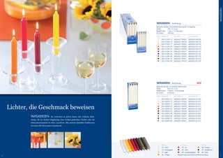 TAfeLkerzeN
                                                                                       TAFELKERZEN	·	4er-Packung
                                                                                       getauchte	Qualität,	mit	erhöhtem	stearinanteil,	im	regaltray
                                                                                       maße	            180	x	21,5	mm
                                                                                       bestell-einheit	 1	Tray	=	12	Packungen
                                                                                       Pal.-faktor	     128	Trays

                                                                                       fArbe	 ArTIkeL-Nr.	        eAN	TrAY	                 eAN	PACkuNG

                                                                                           l	   205-141001-10	    4002653	749561	 4002653	050148
                                                                                           l	   205-141001-14	    4002653	749578	 4002653	050155
                                                                                           l	   205-141001-17	    4002653	749585	 4002653	050162
                                                                                           l	   205-141001-25	    4002653	749264	 4002653	051145
                                                                                           l	   205-141001-33	    4002653	749592	 4002653	050179
                                                                                           l	   205-141001-35	    4002653	749271	 4002653	051152
                                                                                           l	   205-141001-48	    4002653	749288	 4002653	051169
                                                                                           l	   205-141001-68	    4002653	749295	 4002653	051176
                                                                                           l	   205-141001-75	    4002653	749301	 4002653	051183
                                                                                           l	   205-141001-80	    4002653	749318	 4002653	051190




                                                                                       TAFELKERZEN	·	8er-Packung                                          NEU
                                                                                       getauchte	Qualität,	mit	erhöhtem	stearinanteil
                                                                                       maße	            240	x	21,5	mm
                                                                                       bestell-einheit	 1	karton	=	10	Packungen
                                                                                       Pal.-faktor	     57	kartons

                                                                                       fArbe	 ArTIkeL-Nr.	        eAN	kArTON	               eAN	PACkuNG

                                                                                           l	   205-182007-10	    4002653	749349	 4002653	051220
                                                                                           l	   205-182007-14	    4002653	749356	 4002653	051237
                                                                                           l	   205-182007-17	    4002653	749363	 4002653	051244


    Lichter, die Geschmack beweisen                                                        l	
                                                                                           l	
                                                                                           l	
                                                                                                205-182007-25	
                                                                                                205-182007-33	
                                                                                                205-182007-35	
                                                                                                                  4002653	749370	 4002653	051251
                                                                                                                  4002653	749387	 4002653	051268
                                                                                                                  4002653	749394	 4002653	051275
                                                                                           l	   205-182007-48	    4002653	749400	 4002653	051282

            TAfeLkerzeN           Sie verbreiten in jedem Raum eine festliche Stim-        l	   205-182007-68	    4002653	749417	 4002653	051299
                                                                                           l	   205-182007-75	    4002653	749424	 4002653	051305
            mung: Ob zur idealen Ergänzung eines festlich gedeckten Tisches oder als
                                                                                           l	   205-182007-80	    4002653	749431	 4002653	051312
            Dekorationselement in edlen Leuchtern. Mit unseren Qualitäts-Tafelkerzen
            beweisen Sie Ihren guten Geschmack.




                                                                                       	        fArb-Nr.             	         fArb-Nr.                  	       fArb-Nr.
                                                                                           l    -10			weiß               l     -33	 rot                      l   -68	 kiwigrün
                                                                                           l    -14	 champagner          l     -35	 rubin                    l   -75	 dunkelbraun
                                                                                           l    -17	 gelb                l     -48	 dunkelaubergine          l   -80	 khaki
                                                                                           l    -25	 orange              mögliche	farbauswahl	siehe	einzel-Artikelbeschreibung
6                                                                                                                                                                                       7
 