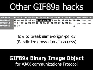 How to break same-origin-policy. (Parallelize cross-domain access) Other GIF89a hacks GIF89a Binary Image Object for AJAX communications Protocol 