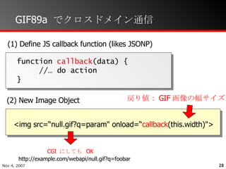 GIF89a でクロスドメイン通信 <img src=“null.gif?q=param" onload=“ callback (this.width)"> function  callback (data) { //… do action } (1) Define JS callback function (likes JSONP) (2) New Image Object CGI  にしても  OK http://example.com/webapi/null.gif?q=foobar 戻り値： GIF 画像の幅サイズ 