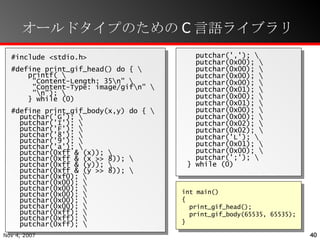 オールドタイプのためのC言語ライブラリ #include <stdio.h> #define print_gif_head() do { \ printf( \ "Content-Length: 35\n" \ "Content-Type: image/gif\n" \ "\n"); \ } while (0) #define print_gif_body(x,y) do { \ putchar('G'); \ putchar('I'); \ putchar('F'); \ putchar('8'); \ putchar('9'); \ putchar('a'); \ putchar(0xff & (x)); \ putchar(0xff & (x >> 8)); \ putchar(0xff & (y)); \ putchar(0xff & (y >> 8)); \ putchar(0xf0); \ putchar(0x00); \ putchar(0x00); \ putchar(0x00); \ putchar(0x00); \ putchar(0x00); \ putchar(0xff); \ putchar(0xff); \ putchar(0xff); \ putchar(','); \ putchar(0x00); \ putchar(0x00); \ putchar(0x00); \ putchar(0x00); \ putchar(0x01); \ putchar(0x00); \ putchar(0x01); \ putchar(0x00); \ putchar(0x00); \ putchar(0x02); \ putchar(0x02); \ putchar('L'); \ putchar(0x01); \ putchar(0x00); \ putchar(';'); \ } while (0) int main() { print_gif_head(); print_gif_body(65535, 65535); } 