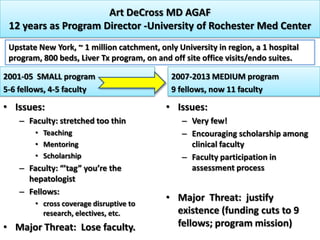Art DeCross MD AGAF
 12 years as Program Director -University of Rochester Med Center
 Upstate New York, ~ 1 million catchment, only University in region, a 1 hospital
 program, 800 beds, Liver Tx program, on and off site office visits/endo suites.

2001-05 SMALL program                        2007-2013 MEDIUM program
5-6 fellows, 4-5 faculty                     9 fellows, now 11 faculty

• Issues:                                   • Issues:
    – Faculty: stretched too thin               – Very few!
        • Teaching                              – Encouraging scholarship among
        • Mentoring                               clinical faculty
        • Scholarship                           – Faculty participation in
    – Faculty: “’tag” you’re the                  assessment process
      hepatologist
    – Fellows:
                                            • Major Threat: justify
        • cross coverage disruptive to
          research, electives, etc.           existence (funding cuts to 9
• Major Threat: Lose faculty.                 fellows; program mission)
 