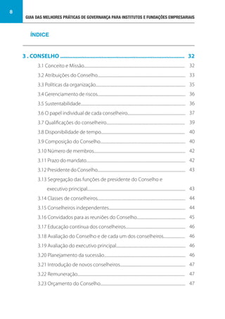 GUIA DAS MELHORES PRÁTICAS DE GOVERNANÇA PARA INSTITUTOS E FUNDAÇÕES EMPRESARIAIS
8
3 . CONSELHO .................................................................................
3.1 Conceito e Missão............................................................................................................
3.2 Atribuições do Conselho..............................................................................................
3.3 Políticas da organização................................................................................................
3.4 Gerenciamento de riscos..............................................................................................
3.5 Sustentabilidade................................................................................................................
3.6 O papel individual de cada conselheiro..............................................................
3.7 Qualificações do conselheiro....................................................................................
3.8 Disponibilidade de tempo..........................................................................................
3.9 Composição do Conselho...........................................................................................
3.10 Número de membros..................................................................................................
3.11 Prazo do mandato..........................................................................................................
3.12 Presidente do Conselho..............................................................................................
3.13 Segregação das funções de presidente do Conselho e
executivo principal.........................................................................................................
3.14 Classes de conselheiros..............................................................................................
3.15 Conselheiros independentes..................................................................................
3.16 Convidados para as reuniões do Conselho....................................................
3.17 Educação contínua dos conselheiros................................................................
3.18 Avaliação do Conselho e de cada um dos conselheiros.......................
3.19 Avaliação do executivo principal..........................................................................
3.20 Planejamento da sucessão.......................................................................................
3.21 Introdução de novos conselheiros......................................................................
3.22 Remuneração...................................................................................................................
3.23 Orçamento do Conselho...........................................................................................
ÍNDICE
32
32
33
35
36
36
37
39
40
40
42
42
43
43
44
44
45
46
46
46
46
47
47
47
 