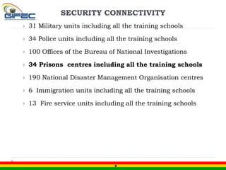  31 Military units including all the training schools
 34 Police units including all the training schools
 100 Offices of the Bureau of National Investigations
 34 Prisons centres including all the training schools
 190 National Disaster Management Organisation centres
 6 Immigration units including all the training schools
 13 Fire service units including all the training schools
SECURITY CONNECTIVITY
 