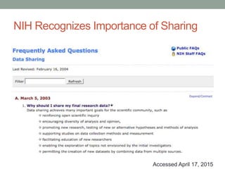 NIH Recognizes Importance of Sharing
Accessed April 17, 2015
 