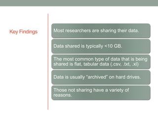 Key Findings Most researchers are sharing their data.
Data shared is typically <10 GB.
The most common type of data that is being
shared is flat, tabular data (.csv, .txt, .xl)
Data is usually “archived” on hard drives.
Those not sharing have a variety of
reasons.
 