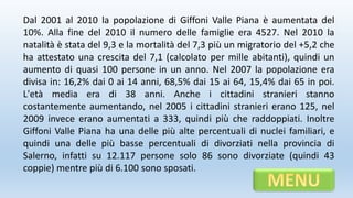 Dal 2001 al 2010 la popolazione di Giffoni Valle Piana è aumentata del
10%. Alla fine del 2010 il numero delle famiglie era 4527. Nel 2010 la
natalità è stata del 9,3 e la mortalità del 7,3 più un migratorio del +5,2 che
ha attestato una crescita del 7,1 (calcolato per mille abitanti), quindi un
aumento di quasi 100 persone in un anno. Nel 2007 la popolazione era
divisa in: 16,2% dai 0 ai 14 anni, 68,5% dai 15 ai 64, 15,4% dai 65 in poi.
L'età media era di 38 anni. Anche i cittadini stranieri stanno
costantemente aumentando, nel 2005 i cittadini stranieri erano 125, nel
2009 invece erano aumentati a 333, quindi più che raddoppiati. Inoltre
Giffoni Valle Piana ha una delle più alte percentuali di nuclei familiari, e
quindi una delle più basse percentuali di divorziati nella provincia di
Salerno, infatti su 12.117 persone solo 86 sono divorziate (quindi 43
coppie) mentre più di 6.100 sono sposati.
 
