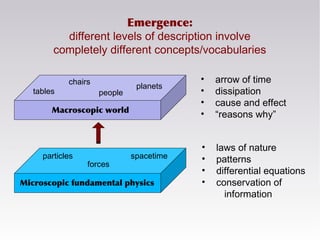 Emergence:
different levels of description involve
completely different concepts/vocabularies
Macroscopic world
Microscopi...