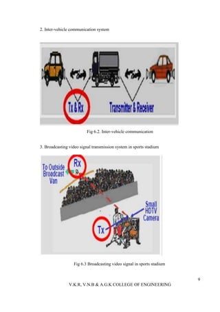 2. Inter-vehicle communication system




                          Fig 6.2. Inter-vehicle communication


3. Broadcasting video signal transmission system in sports stadium




                  Fig 6.3 Broadcasting video signal in sports stadium


                                                                        9
                V.K.R, V.N.B & A.G.K COLLEGE OF ENGINEERING
 
