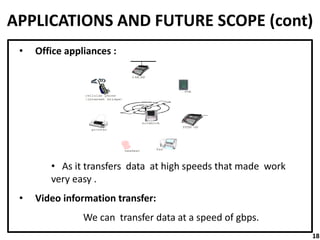 APPLICATIONS AND FUTURE SCOPE (cont)
• Office appliances :
• As it transfers data at high speeds that made work
very easy .
• Video information transfer:
We can transfer data at a speed of gbps.
18
 