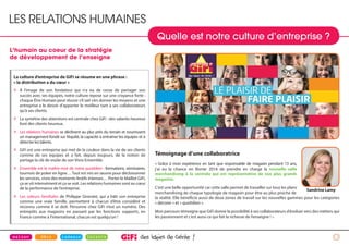 12
La culture d’entreprise de GiFi se résume en une phrase :
« la distribution a du cœur »
» À l’image de son fondateur qui n’a eu de cesse de partager son
succès avec ses équipes, notre culture repose sur une croyance forte :
chaque Être Humain peut réussir s’il sait s’en donner les moyens et une
entreprise a le devoir d’apporter le meilleur tant à ses collaborateurs
qu’à ses clients.
» La symétrie des attentions est centrale chez GiFi : des salariés heureux
font des clients heureux.
» Les relations humaines se déclinent au plus près du terrain et nourrissent
un management fondé sur l’équité, la capacité à entraîner les équipes et à
détecter les talents.
» GiFi est une entreprise qui met de la couleur dans la vie de ses clients
comme de ses équipes et a fait, depuis toujours, de la notion de
partage la clé de voûte de son Vivre Ensemble.
» Ensemble est le maître-mot de notre quotidien : formations, séminaires,
tournois de poker en ligne… Tout est mis en œuvre pour décloisonner
les services, vivre des moments festifs intenses… Porter le Maillot GiFi,
ça se vit intensément et ça se voit. Les relations humaines sont au cœur
de la performance de l’entreprise.
» Les valeurs familiales de Philippe Ginestet, qui a bâti son entreprise
comme une vraie famille, permettent à chacun d’être considéré et
reconnu comme il se doit. Personne chez GiFi n’est un numéro. Des
entrepôts aux magasins en passant par les fonctions supports, en
France comme à l’international, chacun est quelqu’un !
Quelle est notre culture d’entreprise ?
LES RELATIONS HUMAINES
L’humain au coeur de la stratégie
de développement de l’enseigne
Témoignage d’une collaboratrice
« Grâce à mon expérience en tant que responsable de magasin pendant 13 ans,
j’ai eu la chance en février 2016 de prendre en charge la nouvelle salle
merchandising à la centrale qui est représentative de nos plus grands
magasins.
C’est une belle opportunité car cette salle permet de travailler sur tous les plans
merchandising de chaque typologie de magasin pour être au plus proche de
la réalité. Elle bénéficie aussi de deux zones de travail sur les nouvelles gammes pour les catégories
« décorer » et « quotidien ».
Mon parcours témoigne que GiFi donne la possibilité à ses collaborateurs d’évoluer vers des métiers qui
les passionnent et c’est aussi ce qui fait la richesse de l’enseigne ! ».
Sandrine Lamy
 