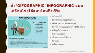 ทา „GIFOGRAPHIC‟ INFOGRAPHIC แบบ
เคลื่อนไหวได้แบบไหนถึงเวิร์ค
• 1.ตัวเลข สถิติ
• 2.การเคลื่อนไหวของสิ่งมีชีวิต
• 3.How To แบบ Step By Step
• 4.การทางานของแบรนด์ หรือ SME ต่าง ๆ
• 5.เชิงธุรกิจ การตลาด
• 6.ให้ข้อมูลเชิงลึก
• 7.กีฬา การออกกาลังกาย
• 8.สุขภาพ
• 9.เรื่องเบาสมอง
Info: Lekruthai Khantongchai & Graphic: Smitrong
 