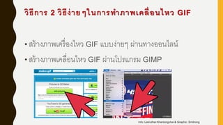 วิธีการ 2 วิธีง่ายๆในการทาภาพเคลื่อนไหว GIF
• สร้างภาพเครื่องไหว GIF แบบง่ายๆ ผ่านทางออนไลน์
• สร้างภาพเคลื่อนไหว GIF ผ่านโปรแกรม GIMP
Info: Lekruthai Khantongchai & Graphic: Smitrong
 
