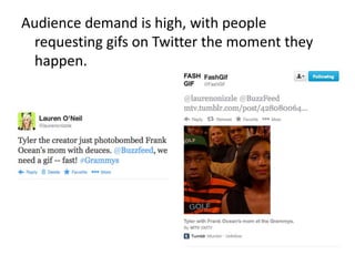 Audience demand is high, with people
  requesting gifs on Twitter the moment they
  happen.
 
