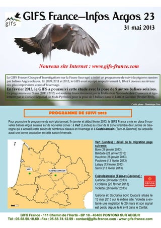 GIFS France—Infos Argos 23
31 mai 2013
Le GIFS France (Groupe d’Investigations sur la Faune Sauvage) a initié un programme de suivi de pigeons ramiers
par balises Argos solaires. En 2009, 2011 et 2012, le GIFS avait équipé respectivement 8, 10 et 9 oiseaux au niveau
des plus importantes zones d’hivernage.
En février 2013, le GIFS a poursuivi cette étude avec la pose de 9 autres balises solaires.
Ce programme sur 5 ans (2011/2015) est soutenu financièrement par la Fédération Nationale des Chasseurs et éga-
lement par le Conseil Régional de Midi-Pyrénées pour la pose de 3 balises dans le Tarn et Garonne (février 2013).
GIFS FranceGIFS FranceGIFS FranceGIFS France ---- 111 Chemin de l’Herté111 Chemin de l’Herté111 Chemin de l’Herté111 Chemin de l’Herté ---- BP 10BP 10BP 10BP 10 ---- 40465 PONTONX SUR ADOUR40465 PONTONX SUR ADOUR40465 PONTONX SUR ADOUR40465 PONTONX SUR ADOUR
Tél : 05.58.90.18.69Tél : 05.58.90.18.69Tél : 05.58.90.18.69Tél : 05.58.90.18.69 ---- Fax : 05.58.74.12.99Fax : 05.58.74.12.99Fax : 05.58.74.12.99Fax : 05.58.74.12.99 ---- contact@gifscontact@gifscontact@gifscontact@gifs----france.comfrance.comfrance.comfrance.com ---- www.gifswww.gifswww.gifswww.gifs----france.comfrance.comfrance.comfrance.com
PROGRAMME DE SUIVI 2013
Pour poursuivre le programme de suivi pluriannuel, fin janvier et début février 2013, le GIFS France a mis en place 9 nou-
velles balises Argos solaires sur de nouvelles zones : à Vert (Landes) au cœur de la zone forestière des Landes de Gas-
cogne qui a accueilli cette saison de nombreux oiseaux en hivernage et à Castelsarrasin (Tarn-et-Garonne) qui accueille
aussi une bonne population en cette saison hivernale.
Vert (Landes) : détail de la migration page
suivante:
Bore (28 janvier 2013)
Balidade (28 janvier 2013)
Hauchon (28 janvier 2013)
Poulonne (13 février 2013)
Latapy (13 février 2013)
Sarrot (13 février 2013)
Castelsarrasin (Tarn-et-Garonne) :
Garona (20 février 2013)
Occitania (20 février 2013)
Violette (26 février 2013)
Garona et Occitania sont toujours situés le
13 mai 2013 sur le même site. Violette a en-
tamé une migration le 29 mars et son signal
est perdu depuis le 6 avril dans le Cantal.
Nouveau site Internet : www.gifs-france.com
Crédit photo : Dominique Gest
 