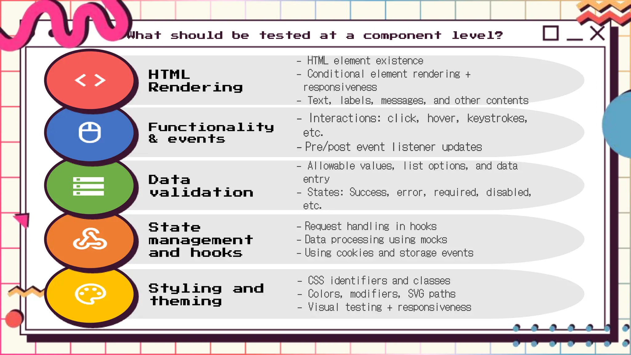 Styling and
theming
- CSS identifiers and classes
- Colors, modifiers, SVG paths
- Visual testing + responsiveness
State
management
and hooks
- Request handling in hooks
- Data processing using mocks
- Using cookies and storage events
Data
validation
- Allowable values, list options, and data
entry
- States: Success, error, required, disabled,
etc.
Functionality
& events
- Interactions: click, hover, keystrokes,
etc.
- Pre/post event listener updates
What should be tested at a component level?
HTML
Rendering
- HTML element existence
- Conditional element rendering +
responsiveness
- Text, labels, messages, and other contents
 