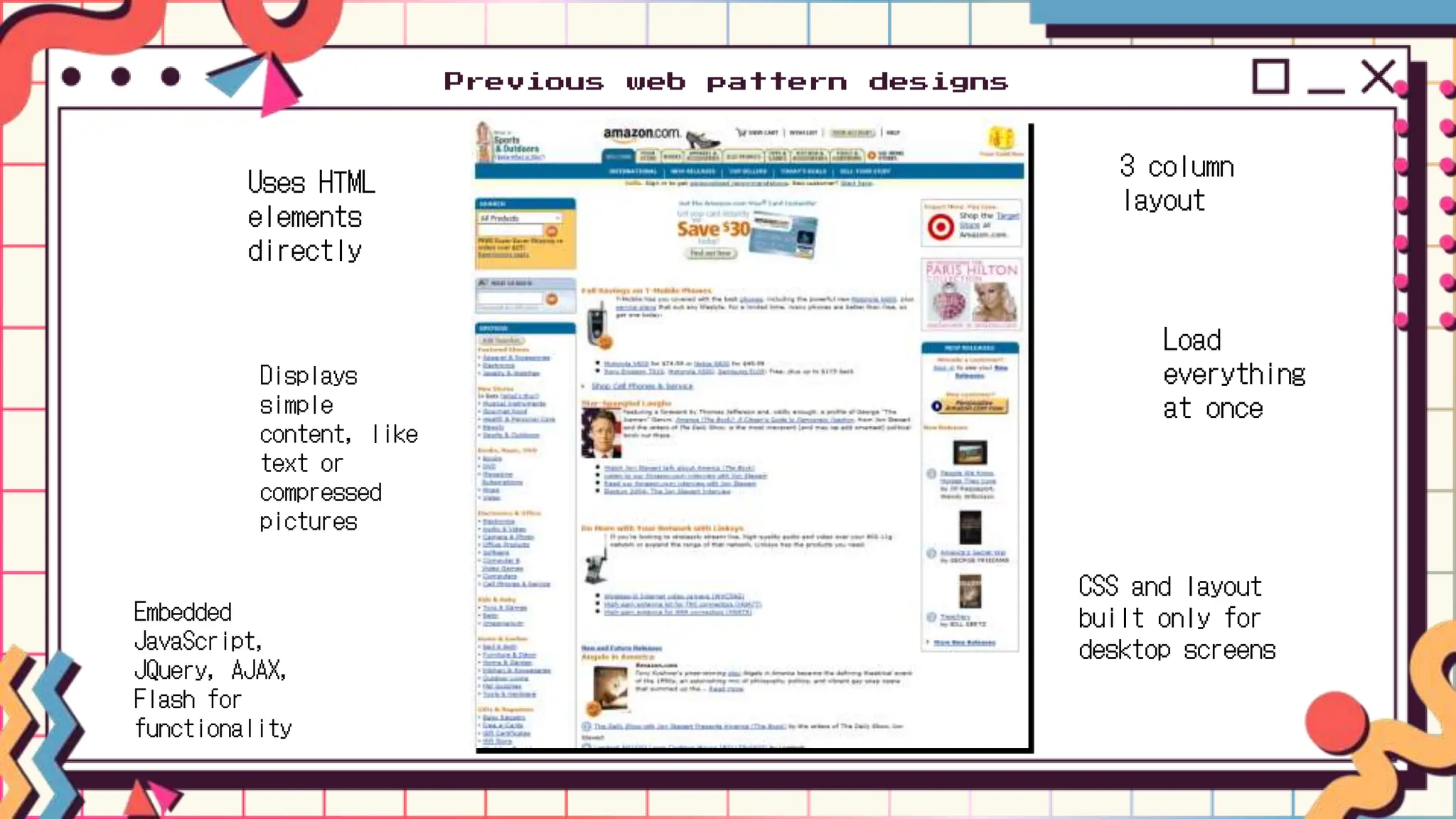 Previous web pattern designs
3 column
layout
Uses HTML
elements
directly
CSS and layout
built only for
desktop screens
Embedded
JavaScript,
JQuery, AJAX,
Flash for
functionality
Load
everything
at once
Displays
simple
content, like
text or
compressed
pictures
 