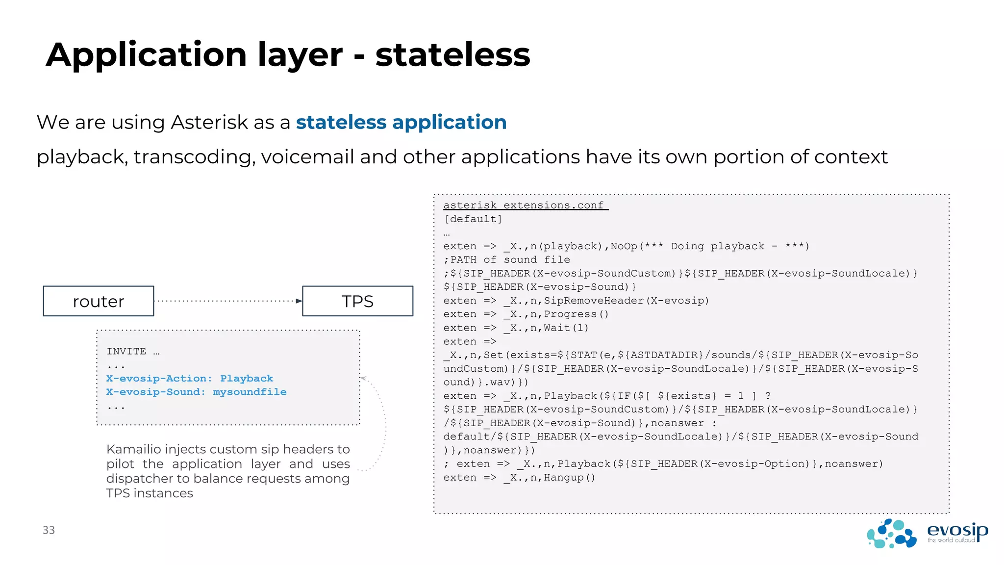 Application layer - stateless
We are using Asterisk as a stateless application
playback, transcoding, voicemail and other applications have its own portion of context
router TPS
INVITE …
...
X-evosip-Action: Playback
X-evosip-Sound: mysoundfile
...
asterisk extensions.conf
[default]
…
exten => _X.,n(playback),NoOp(*** Doing playback - ***)
;PATH of sound file
;${SIP_HEADER(X-evosip-SoundCustom)}${SIP_HEADER(X-evosip-SoundLocale)}
${SIP_HEADER(X-evosip-Sound)}
exten => _X.,n,SipRemoveHeader(X-evosip)
exten => _X.,n,Progress()
exten => _X.,n,Wait(1)
exten =>
_X.,n,Set(exists=${STAT(e,${ASTDATADIR}/sounds/${SIP_HEADER(X-evosip-So
undCustom)}/${SIP_HEADER(X-evosip-SoundLocale)}/${SIP_HEADER(X-evosip-S
ound)}.wav)})
exten => _X.,n,Playback(${IF($[ ${exists} = 1 ] ?
${SIP_HEADER(X-evosip-SoundCustom)}/${SIP_HEADER(X-evosip-SoundLocale)}
/${SIP_HEADER(X-evosip-Sound)},noanswer :
default/${SIP_HEADER(X-evosip-SoundLocale)}/${SIP_HEADER(X-evosip-Sound
)},noanswer)})
; exten => _X.,n,Playback(${SIP_HEADER(X-evosip-Option)},noanswer)
exten => _X.,n,Hangup()
Kamailio injects custom sip headers to
pilot the application layer and uses
dispatcher to balance requests among
TPS instances
 