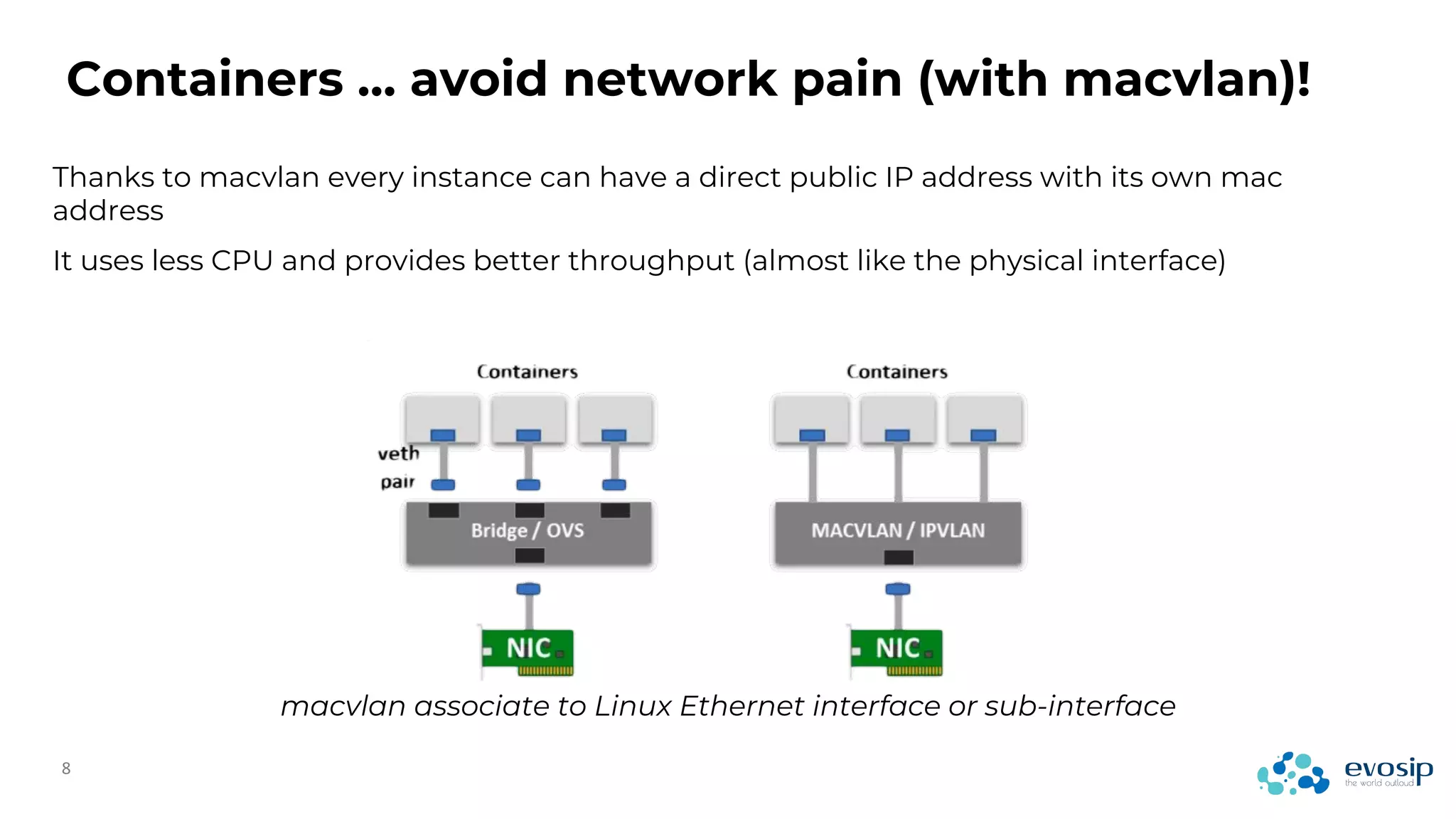Thanks to macvlan every instance can have a direct public IP address with its own mac
address
It uses less CPU and provides better throughput (almost like the physical interface)
Containers … avoid network pain (with macvlan)!
macvlan associate to Linux Ethernet interface or sub-interface
 