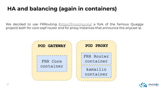 HA and balancing (again in containers)
We decided to use FRRouting (https://frrouting.org/ a fork of the famous Quagga
project) both for core ospf router and for proxy instances that announce the anycast ip
 