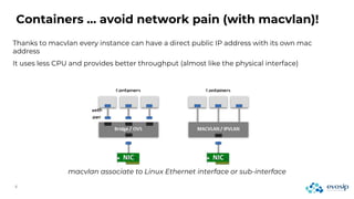 Thanks to macvlan every instance can have a direct public IP address with its own mac
address
It uses less CPU and provides better throughput (almost like the physical interface)
Containers … avoid network pain (with macvlan)!
macvlan associate to Linux Ethernet interface or sub-interface
 
