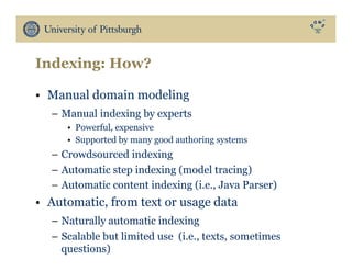 Indexing: How?
•  Manual domain modeling
–  Manual indexing by experts
•  Powerful, expensive
•  Supported by many good authoring systems
–  Crowdsourced indexing
–  Automatic step indexing (model tracing)
–  Automatic content indexing (i.e., Java Parser)
•  Automatic, from text or usage data
–  Naturally automatic indexing
–  Scalable but limited use (i.e., texts, sometimes
questions)
 