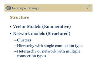Structure
•  Vector Models (Enumerative)
•  Network models (Structured)
– Clusters
– Hierarchy with single connection type
– Heterarchy or network with multiple
connection types
 