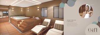 PER SPEC T IVA ILUS TR AT IVA DA SAUNA COM SPA E R EPOUSO 
SAUNA COM SPA 
E REPOUSO 
A DÁDIVA DE PODER DESFRUTAR 
DE UM ESPAÇO SOFISTICADO PARA 
RELAXAR A QUALQUER MOMENTO. 
IM AGEM I LUSTR AT IVA 
 