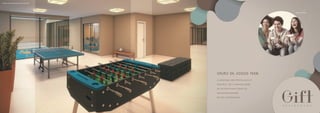 SALÃO DE JOGOS TEEN 
A GAROTADA NÃO PRECISA MAIS IR 
PARA RUA: TEM A TRANQUILIDADE 
DE UM POINT PARA TODOS OS 
ENCONTROS DENTRO 
DO SEU CONDOMÍNIO. 
PER SPEC T IVA ILUS TR AT IVA D O SAL ÃO DE JOGOS T EEN 
IM AGEM I LUSTR AT IVA 
 