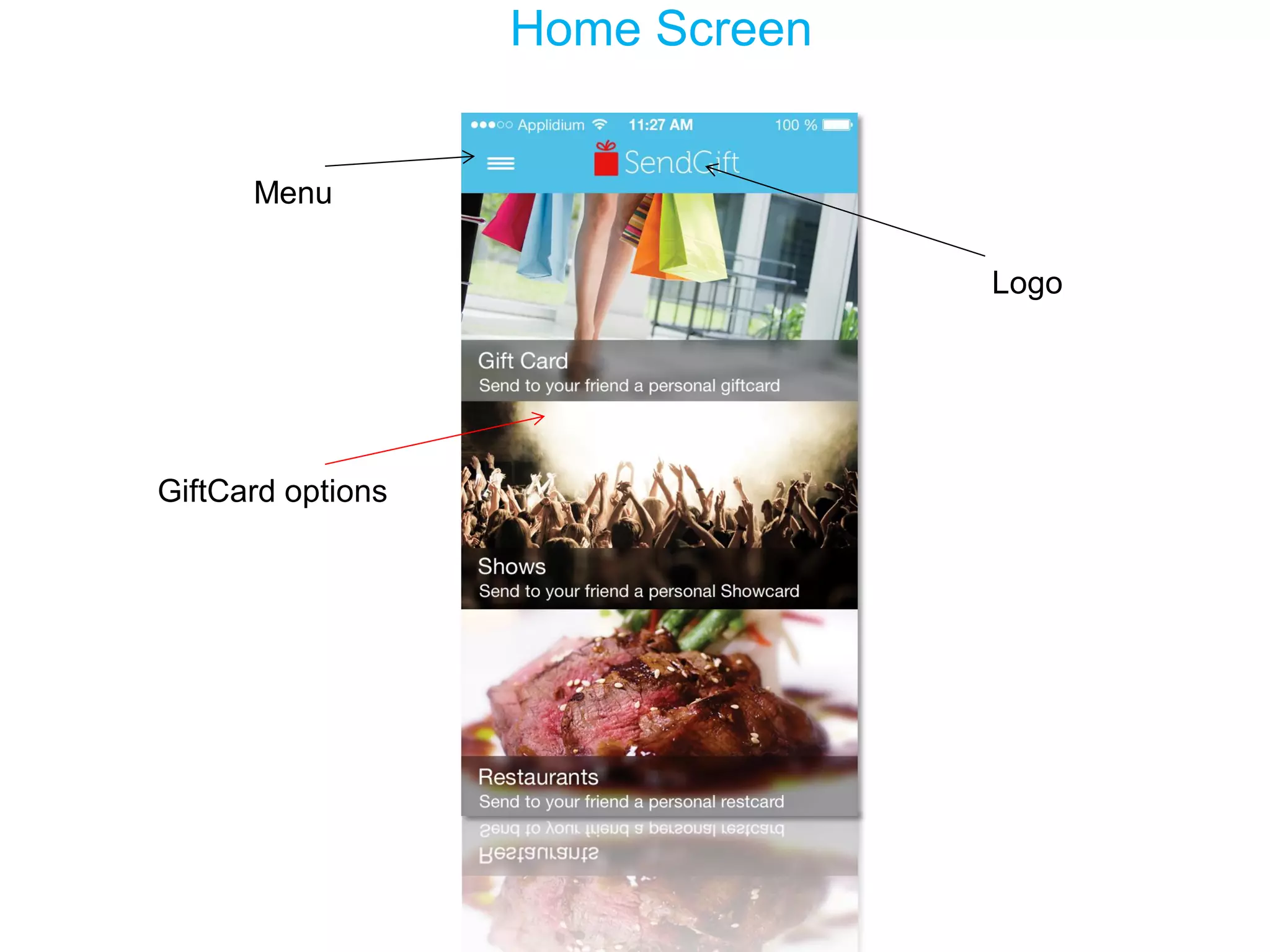 Home Screen 
Menu 
Logo 
GiftCard options 
 