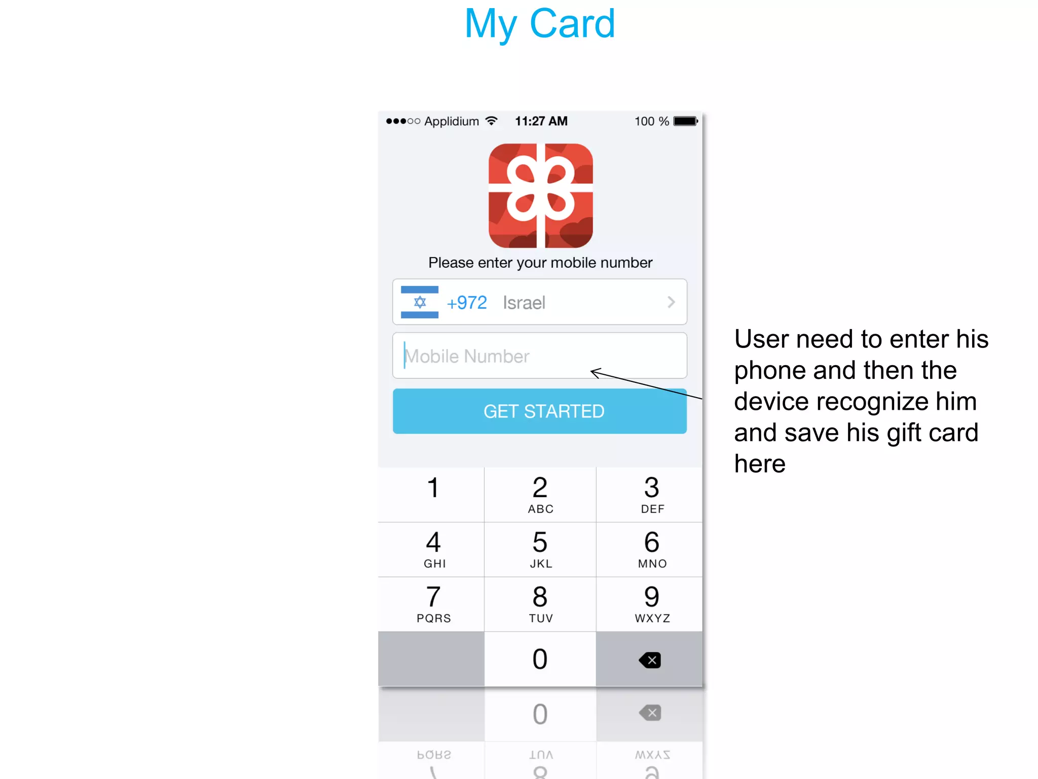 My Card 
User need to enter his phone and then the device recognize him and save his gift card here  