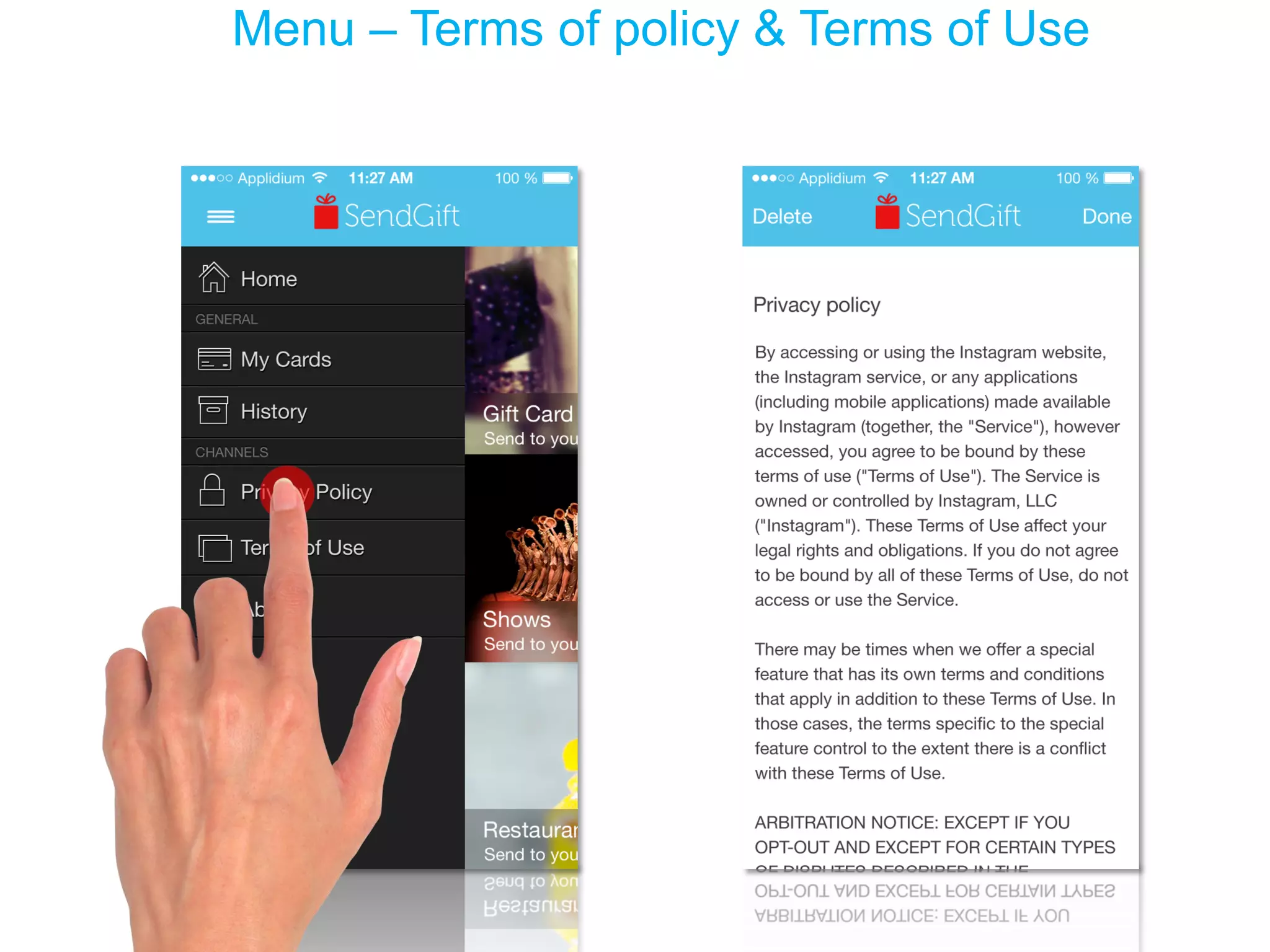 Menu – Terms of policy & Terms of Use  