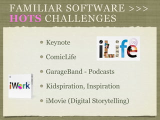 FAMILIAR SOFTWARE >>>
HOTS CHALLENGES

     Keynote

     ComicLife

     GarageBand - Podcasts

     Kidspiration, Inspiration

     iMovie (Digital Storytelling)
 