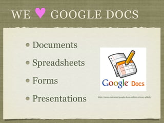 WE   ♥ GOOGLE DOCS
     Documents
     Spreadsheets

     Forms

     Presentations   http://news.cnet.com/google-docs-suffers-privacy-glitch/
 