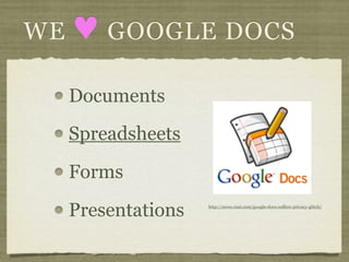 WE   ♥ GOOGLE DOCS
     Documents
     Spreadsheets

     Forms

     Presentations   http://news.cnet.com/google-docs-suffers-privacy-glitch/
 