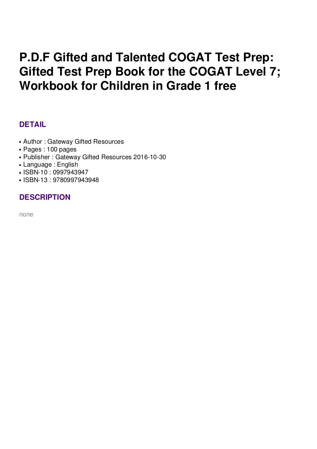 P.D.F Gifted and Talented COGAT Test Prep Gifted Test Prep Book for