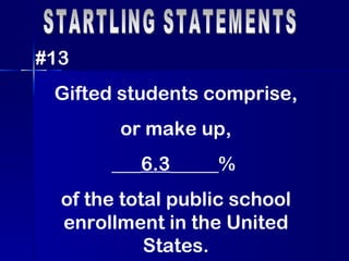 STARTLING STATEMENTS #13 Gifted students comprise, or make up,  ___ 6.3 _____%  of the total public school enrollment in the United States. 
