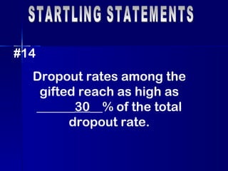 STARTLING STATEMENTS #14 Dropout rates among the gifted reach as high as ______ 30 __% of the total dropout rate. 