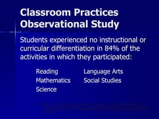 Classroom Practices Observational Study Students experienced no instructional or curricular differentiation in 84% of the activities in which they participated: Reading Language Arts Mathematics Social Studies Science Westberg, K. L., Archambault, F. X., Jr., Dobyns, S. M., & Salvin, T. J.  (1993).  An observational study of instructional and curricular practices used with gifted and talented students in regular  classroom ( Research Monograph 93104).  Storrs, CT:  The National Research Center on the Gifted and Talented, University of Connecticut. 