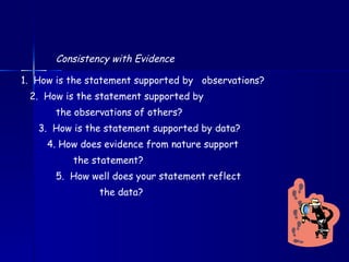 Questions That Can Be Used To Escalate the Level of Discussions About Concepts and Ideas Consistency with Evidence 1.  How is the statement supported by  observations? 2.  How is the statement supported by   the observations of others? 3.  How is the statement supported by data? 4. How does evidence from nature support   the statement? 5.  How well does your statement reflect   the data? 